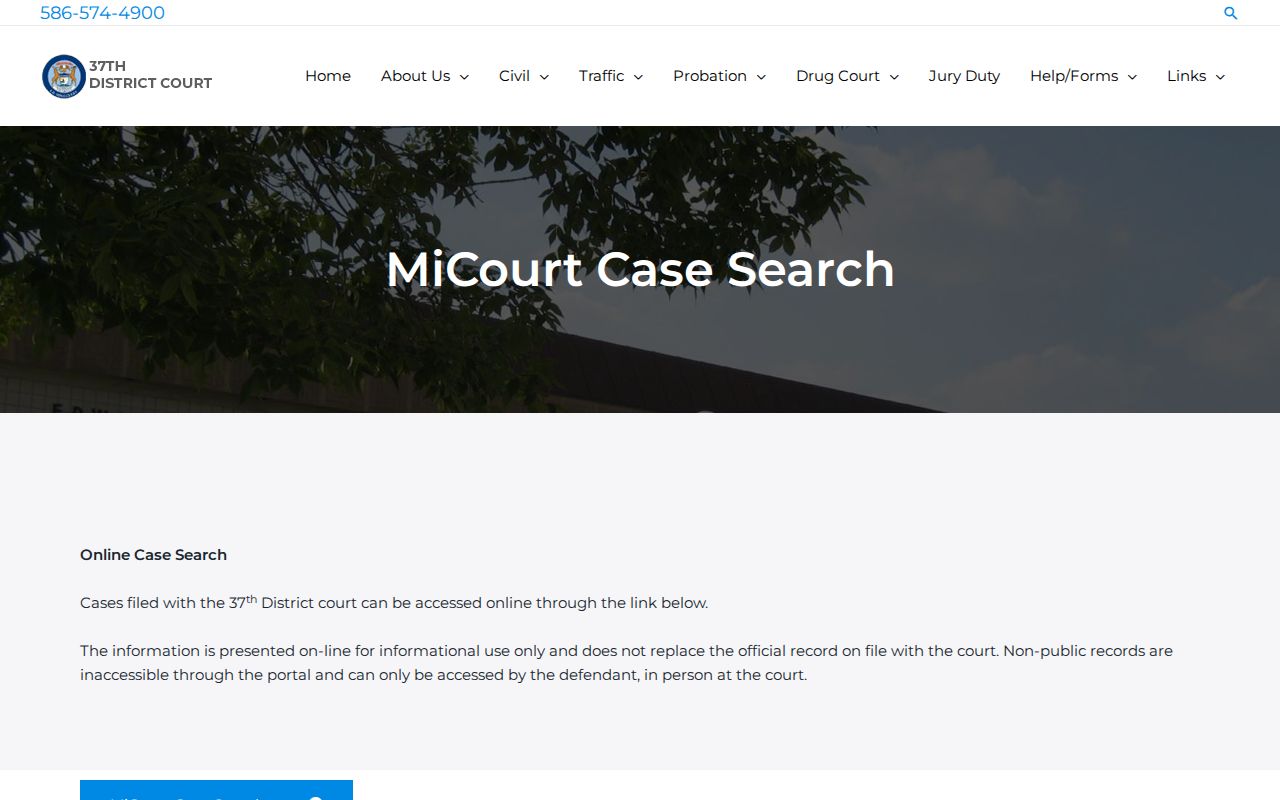 Macomb County warrant records: 37th District Court case-search page linking the Michigan court portal