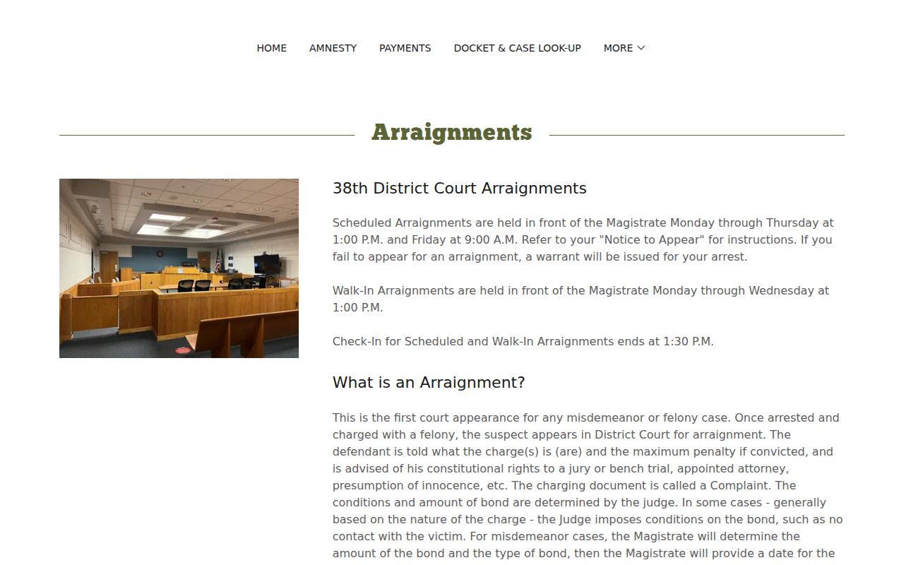 Eastpointe 38th District Court walk-in arraignment times for Macomb County warrant records