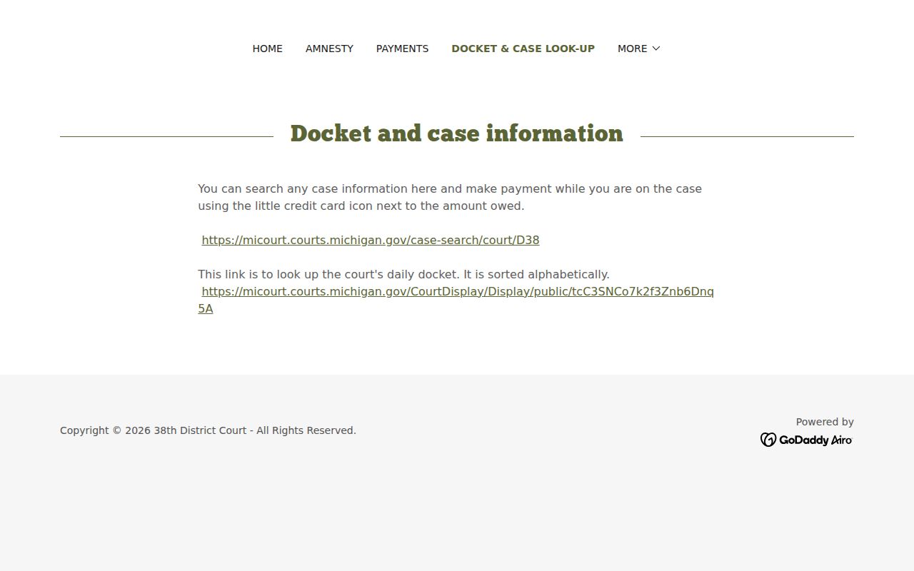 Eastpointe case search instructions for Macomb County warrant records at the 38th District Court