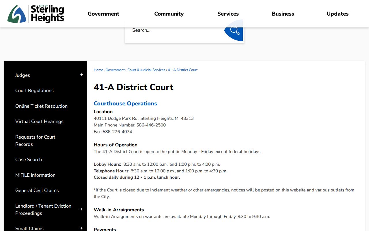 Macomb County warrant records: 41A District Court warrant walk-in hours and payment methods