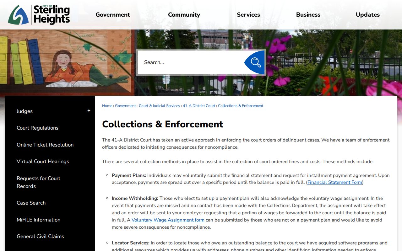 Sterling Heights 41A District Court collections and bench warrant steps for Macomb County warrant records