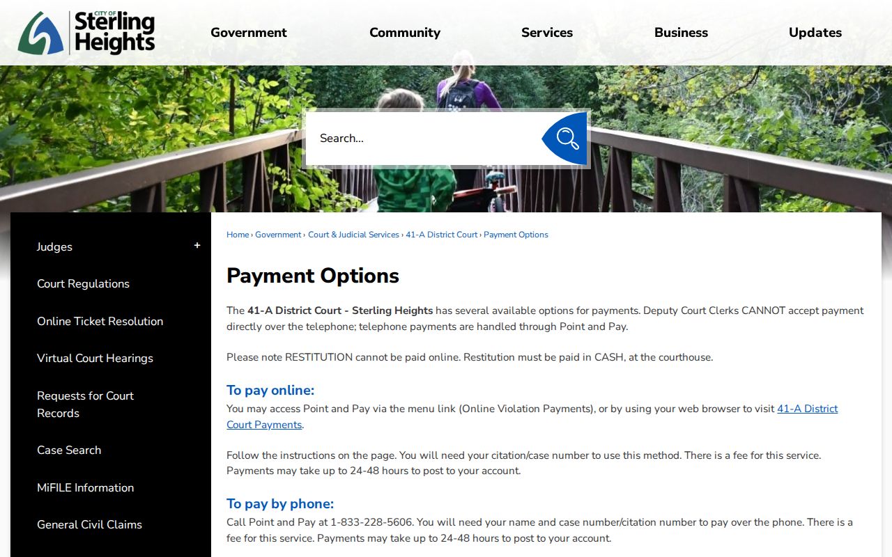 Macomb County warrant records: 41A District Court payment options including online, phone, mail, and drop box