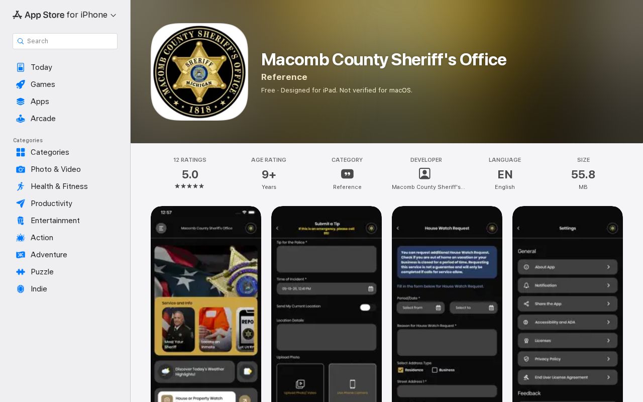 Macomb County Sheriff's Office app advertising most wanted and anonymous tip features